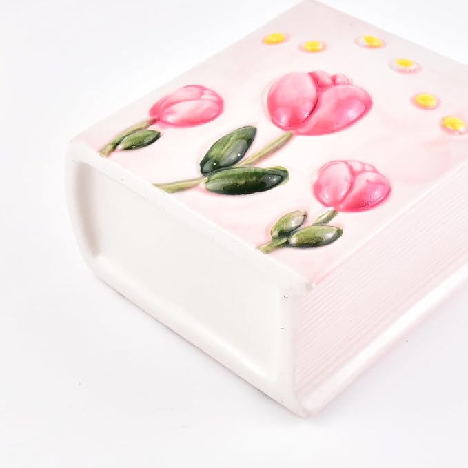 Ceramic Book Shaped Tulip Pattern Cosmetic Storage Box, Desktop Organizers Make Up Brush Storage Stand Desktop Storage Box for Brush,Pencil,Art Supplies, Painting Brush (Pink)