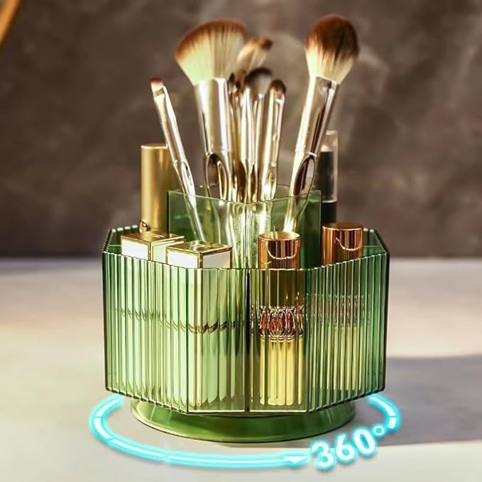 Makeup Brush Holder, 360?? Rotating Makeup Brush Organizer, Cosmetic Brushes Storage with 5 Slots for Vanity, Multi-Functional Pen Holder, Colored Pencil, Art Brushes Organizer for Desk (Green)
