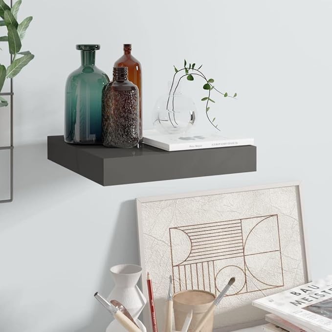 Floating Wall Shelf High Gloss Gray 9.1x9.3x1.5 Invisible Mount Display Rack for Home Decor Books Collectibles Awards Modern Storage Solution