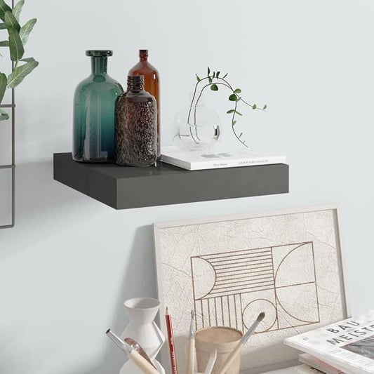 Floating Wall Shelf High Gloss Gray 9.1x9.3x1.5 Invisible Mount Display Rack for Home Decor Books Collectibles Awards Modern Storage Solution