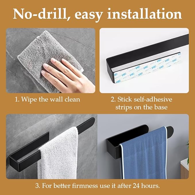 Hand Towel Holder, Self Adhesive Hand Towel Bar，Stainless Steel Bathroom Towel Racks Stick on Wall, Black