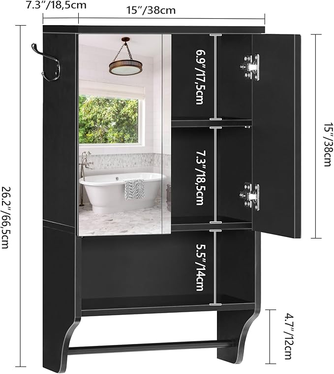 MAHANCRIS Bathroom Wall Cabinet with Mirror, Medicine Cabinet with 2 Door and Adjustable Shelf, Wall Mounted Over The Toilet Storage Cabinet with Towel Bar for Bathroom Laundry Room Kitchen, Black