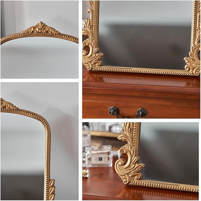 HSDDHOME 16x20 Inch Large Vintage Gold Table Mirror - Antique Wooden Frame Vanity Mirror with Foldable Stand for Makeup, Décor & Gifts