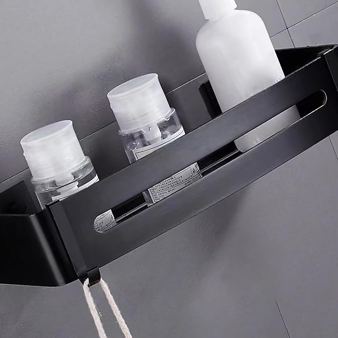 Wall Mounted Stylish Bathroom Shelf with Strong Load Bearing, Aluminum Alloy Kitchen Rack, Corner Storage Organizer for Home and Hotel (Rectangular Black)