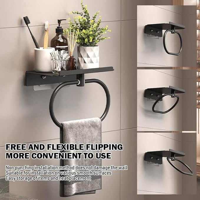 Modern Wall Mounted Towel Rack with Storage Shelf, Black Metal Bathroom Towel Bar, Space-Saving Bathroom Accessories