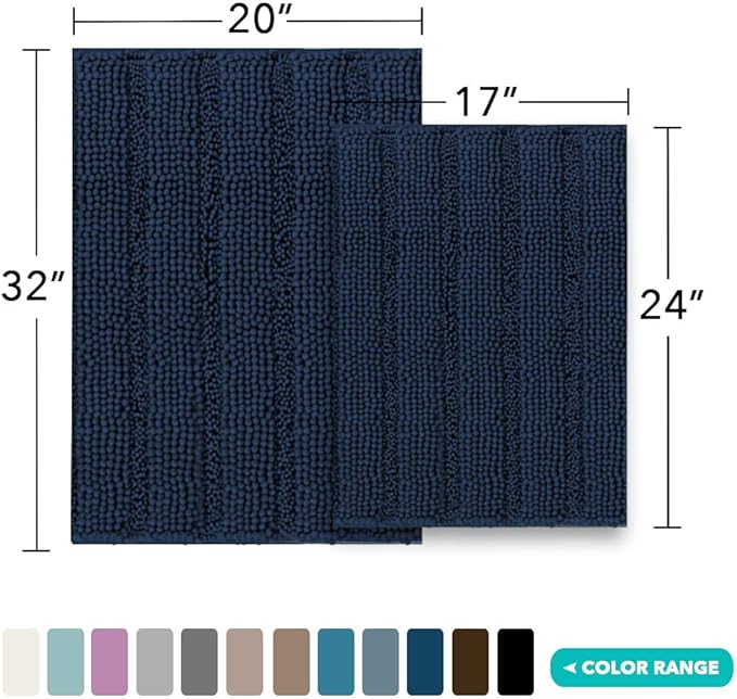 Turquoize Chenille Bathroom Rugs Set - Non-Slip Bath Mats for Bathroom Floor, Extra Soft and Absorbent Shaggy Mats for Kitchen/Entryway (20" x 32" and 17" x 24"), Navy