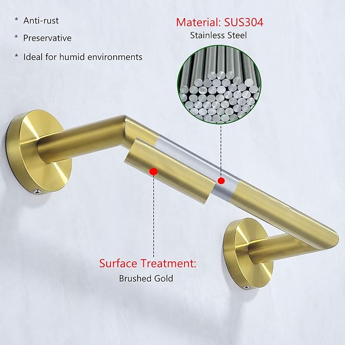 12 Inches Hand Towel Bar Bathroom Towel Holder SUS304 Stainless Steel Bath Towel Rack Dish Cloths Hanger Wall Mount Brushed Gold,96018-2-12BG.