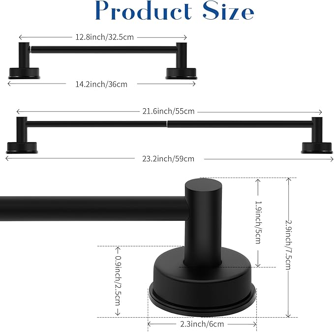 Adjustable Suction Cup Towel Bar for Bathroom Wall, 14.6–24 Inches Black Towel Bar, Stainless Steel Bath Towel Holder, Towel Racks for Bathroom Shower (Matte Black, 2 Pack)