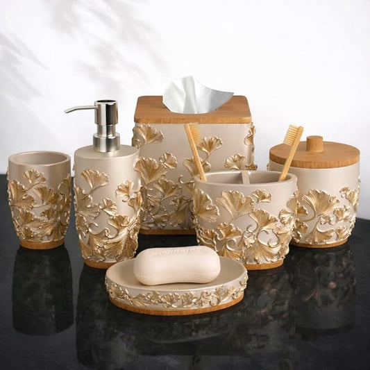 Decozen Bathroom Accessories 6Pcs Set, Soap Dispenser, Toothbrush Holders, Tumbler, Soap Dish & Cotton Swab Jar – Modern Bathroom Decor, Modern Farmhouse Decor, Countertop Accessories, Gold Champagne