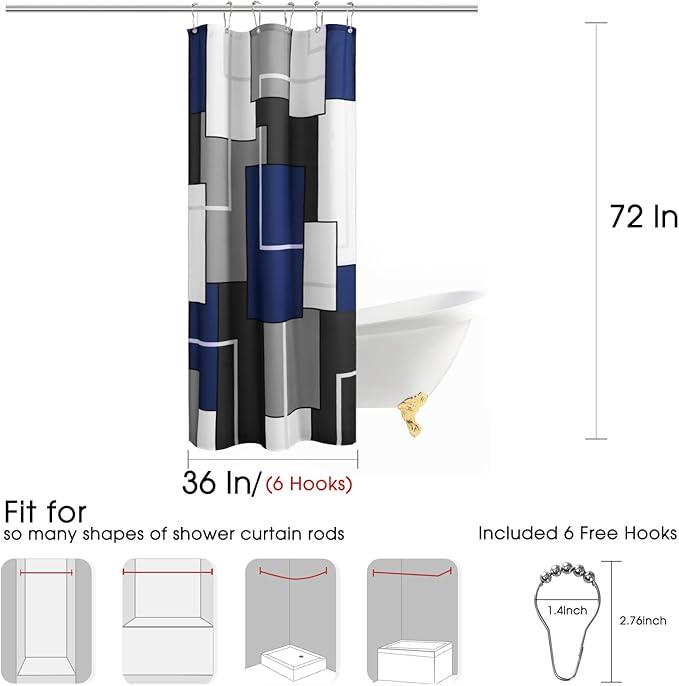 Modern Blue Shower Curtain Set with Hooks Blue and White Shower Curtain for Bathroom Fabric Grey Abstract Geometric Bath Curtains Decorative Gray 36x72