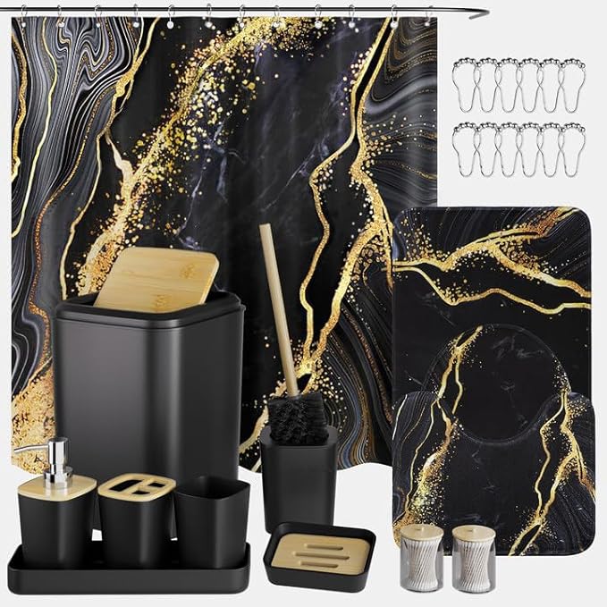 XLHOMO Bathroom Set Bathroom Sets with Shower Curtain and Rugs,Black Bathroom Accessories Set Waterproof Black and Gold Shower Curtain Set