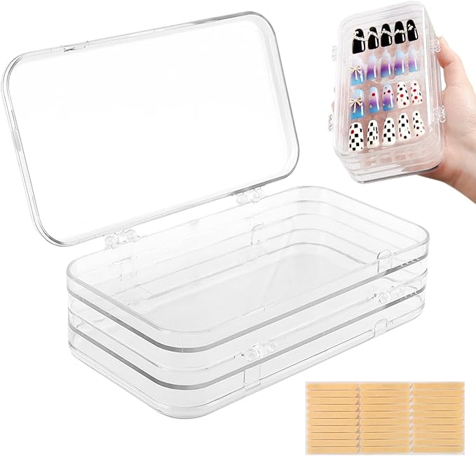 Tri-Fold Portable Press on Nail Storage Box, 4-Page Clear Press on Nails Organizer Box with 30 Pcs Adhesive Double Sided Tape, Clear PET Plastic Travel Holder