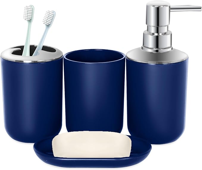 Blue Bathroom Accessories Set 4 PCS, Blue Bathroom Accessories, Plastic Soap Dispenser and Toothbrush Holder Set, Soap Dish and Mouthwash Cup, Boho Bathroom Decor, Bathroom Set