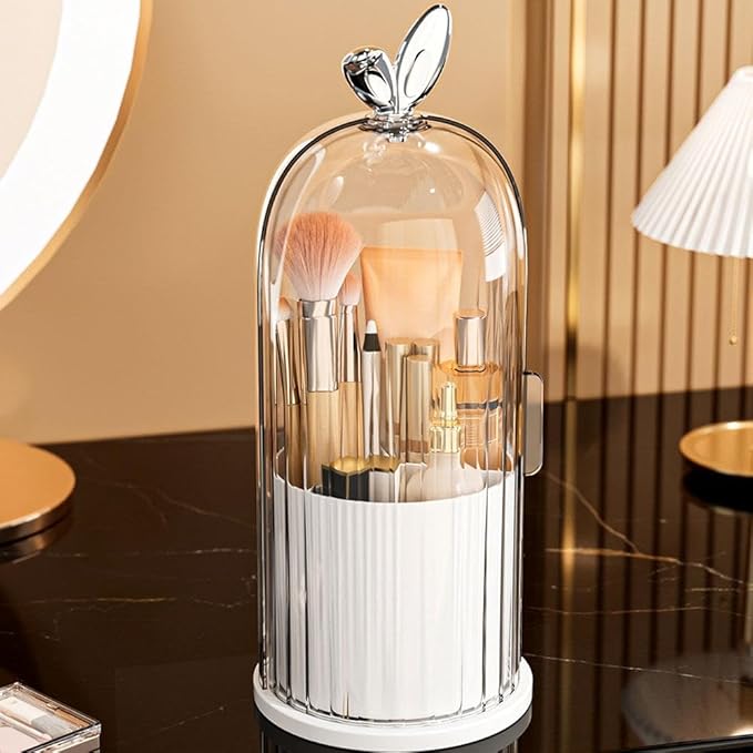 Makeup Brush Holder Organizer with 360?? Rotating Lid,Concealed Toothbrush Holder,3 Slots Bathroom Organizer Countertop for Vanity Desktop, Clear Cover Easy Visibility