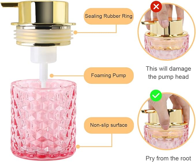 Bathroom Accessories Set 2pcs Glass Foaming Soap Dispenser and Toothbrush Holder for Bathroom Countertop, Pink Glass Bathroom Assessory Set with Gold Decor