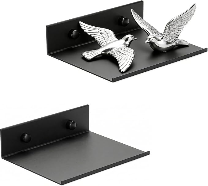 Z metnal 2 Pack 6 Inch Metal Floating Shelves with Safety Lip, Small Wall Mounted Shelf Holds Up to 2.2 Lbs, Matte Black Lightweight Display Ledge with Hidden Screw Caps for Bathroom, Bedroom