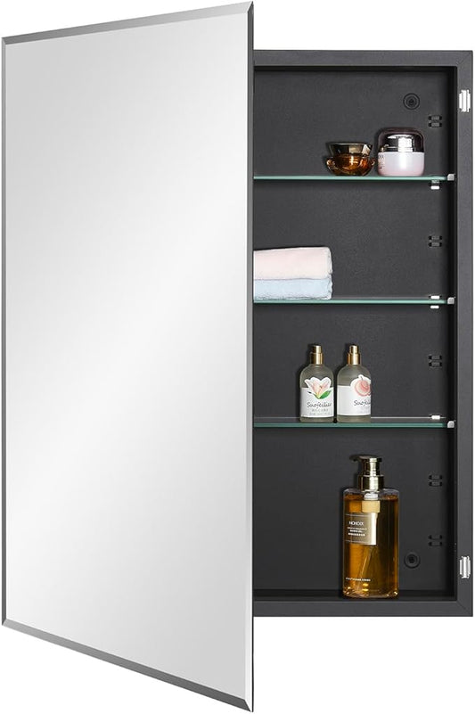 IDYLLOR Black Bathroom Medicine Cabinet with Beveled Edge Mirrored Door 24 x 30 inch, Recessed or Surface Mount, with Adjustable Glass Shelves