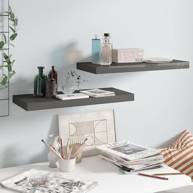 Floating Wall Shelves 2 Pack High Gloss Gray Modern Display Rack 23.6x9.3x1.5 Inches MDF Board for Living Room Bedroom Office Decor Storage Organizer