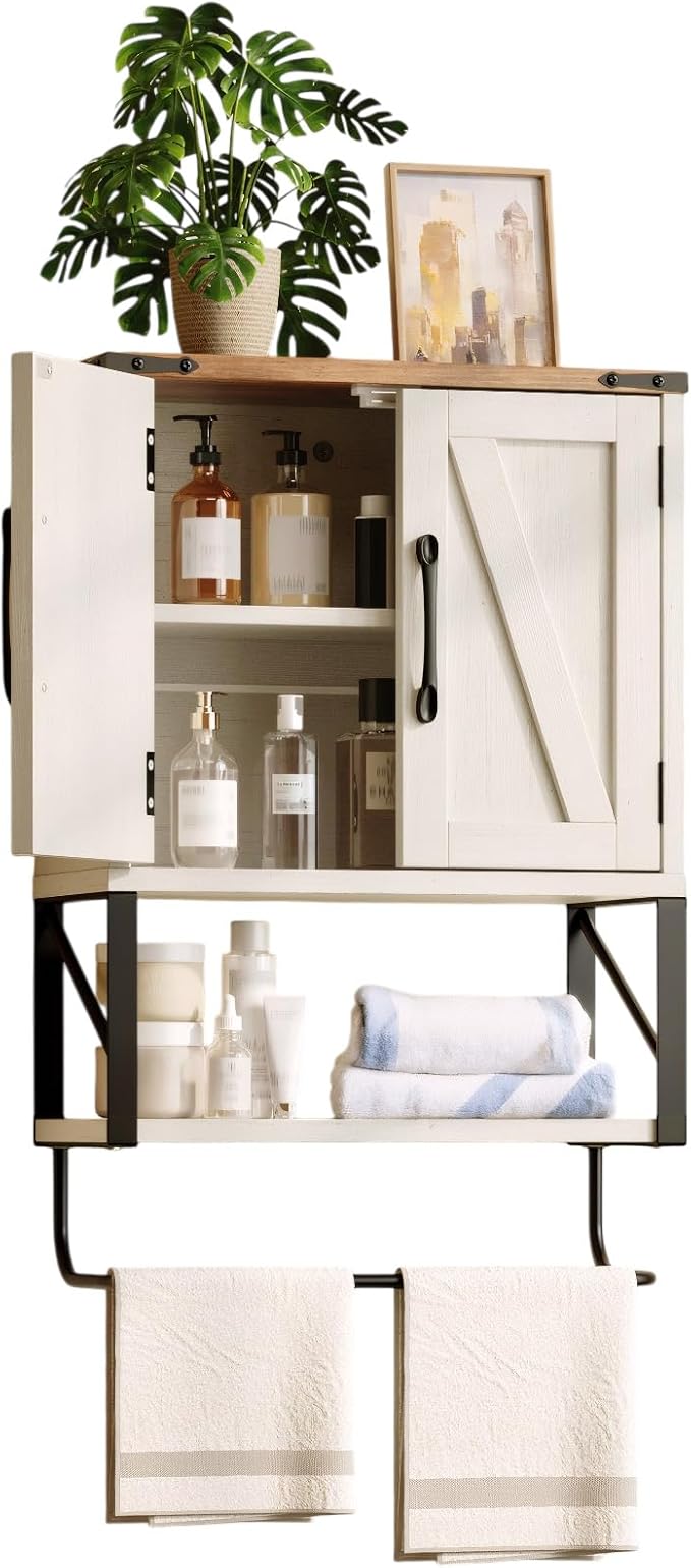 VINGLI Bathroom Wall Cabinet with Towel Bar, Farmhouse Small Medicine Cabinet Wall Mounted, Rustic Wood Over The Toilet Storage Cabinet with Adjustable Shelf for Restroom Kitchen, Vintage White/Brown