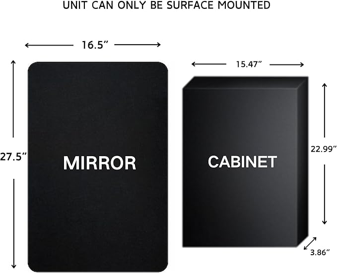 TEHOME Surface Mount 16.5x27.5'' Black Bathroom Medicine Cabinet with Mirror Matt Black Metal Framed Rounded Rectangle Medicine Cabinet with Beveled Mirror 3 Adjustable Glass Shelves