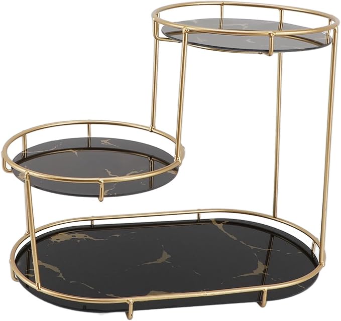 Keenso Practical Iron and Glass Makeup Shelf for Bathroom, Countertop, Skin Care Shelf, Versatile, Stylish Design (Black Base)