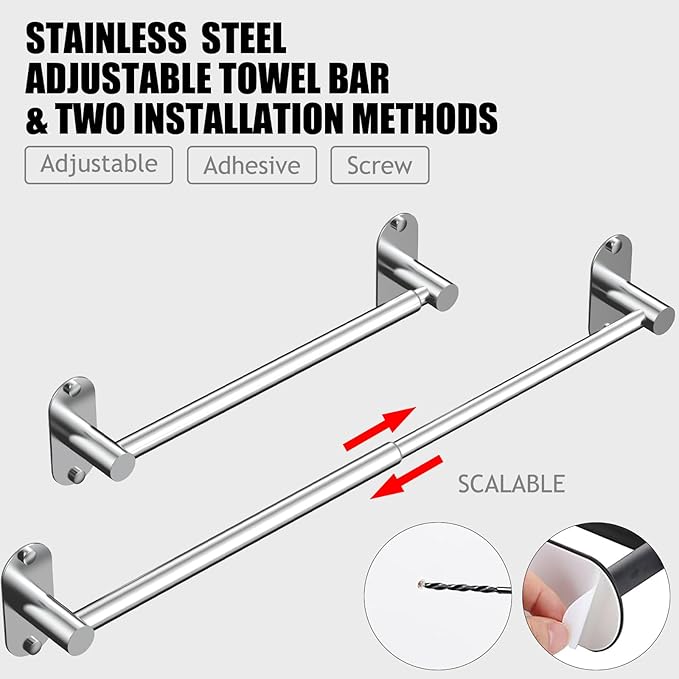 Towel Bar, Adjustable 14.4inch - 25.2inch Towel Rack, Self Adhesive & Wall Mounted for Bathroom Kitchen Hand Towel Holder Cloths Hanger SUS 304 Stainless Steel Single Bar (4, Chrome)