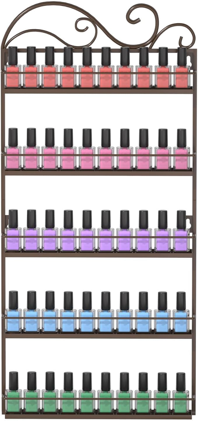 ERYTLLY Wall Mounted Nail Polish Rack, Rectangle Nail Storage Organizer, Salon Shelf Organizer (Brown)