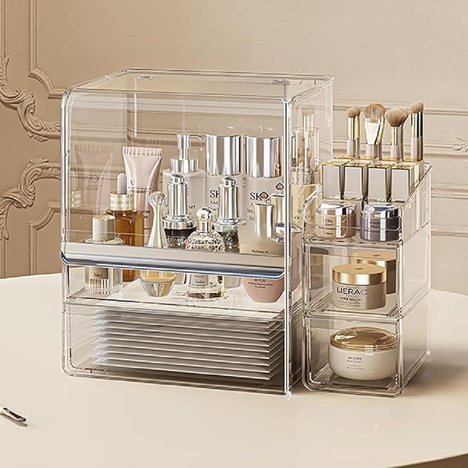 Makeup Organizer with Lid Drawers Translucent Skincare Holder Large Capacity Cosmetics Countertop Storage Box for Vanity Easy Visibility Dustproof (Silver Clear,Large + Brush Holder)