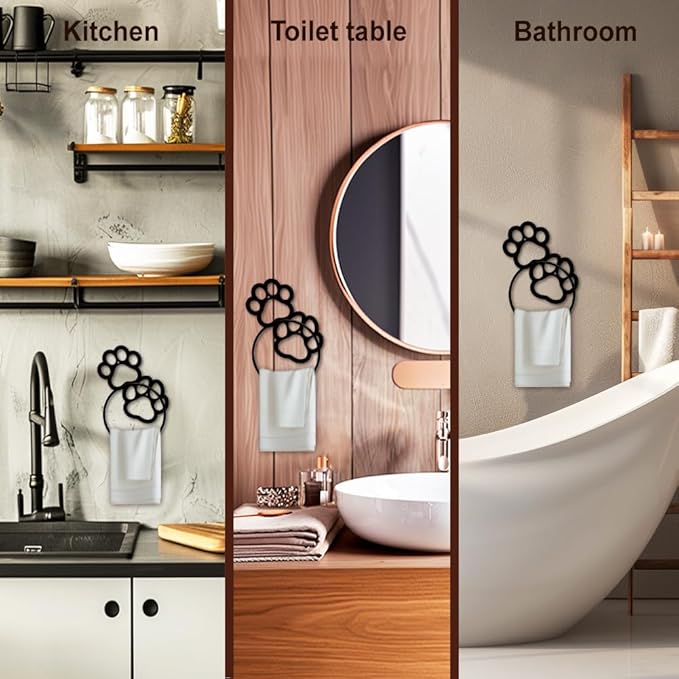 MAYJOYDIY Paw Print Metal Towel Ring Cute Cat Paw Print Towel Holder Dog Claw Pattern Towel Ring Black Art Towel Rack Wall Mounted for Bathroom Kitchen Towel Hanger Home Decors Gift