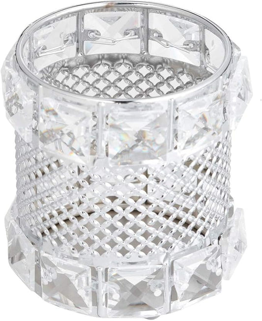 AKOAK 1 Pack Nordic Style Crystal Pen Holder Makeup Brush Eyebrow Pencil Storage Box, Square/Love-shaped/Round Metal Living Room Bedroom Dressing Table Creative Decoration (Silver - Round)