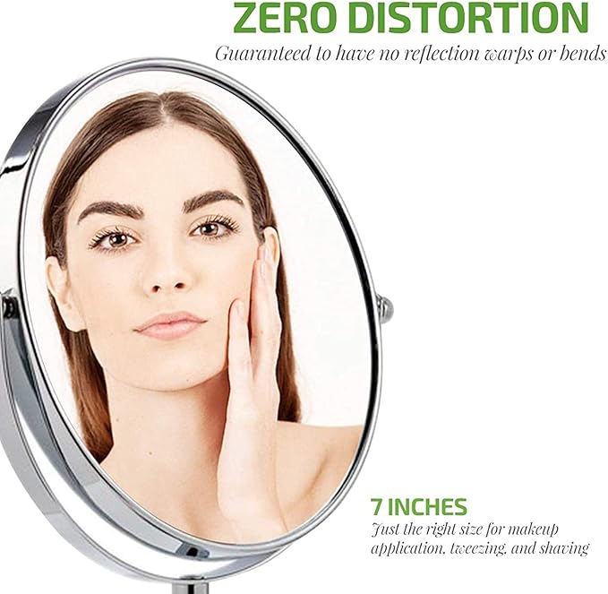 OVENTE 7'' Tabletop Makeup Mirror with 1X/7X Magnification, 360° Swivel Design and Double-Sided Free-Standing Vanity Mirror Perfect for Dresser, Bedroom and Office Desk, Polished Chrome MNLCT70CH1X7X