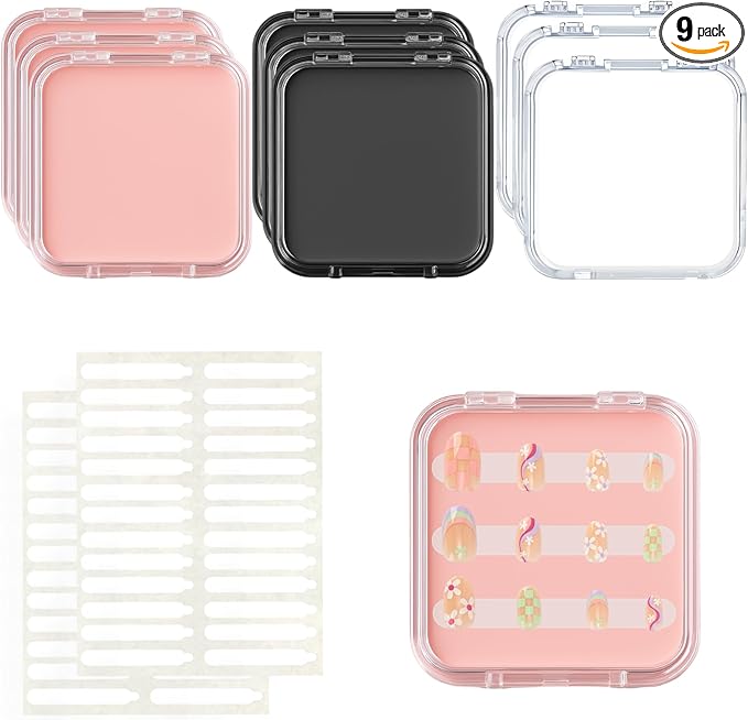 Press On Nail Storage Box Set - 9 Packaging Boxes (Pink, Black, Clear) with 52 Double-Sided Adhesive Tapes for Nail Business Display & Salon Organizer (3 Colors Mix)