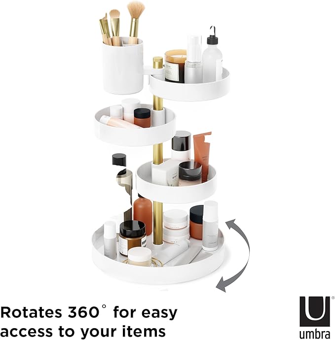 Umbra Pirouette Cosmetic Organizer, Large Capacity Makeup Storage with Adjustable Compartments, White/Brass