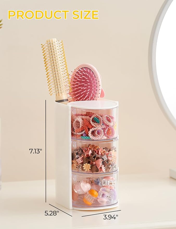 Hair Accessories Organizer with Hair Brush Holder, 3 Drawer Rotatable Hair Tie Organizer for Makeup Brushes, Hair Clips, Earrings, Necklaces, Bracelets and Hair Accessories, White, 3-Layer