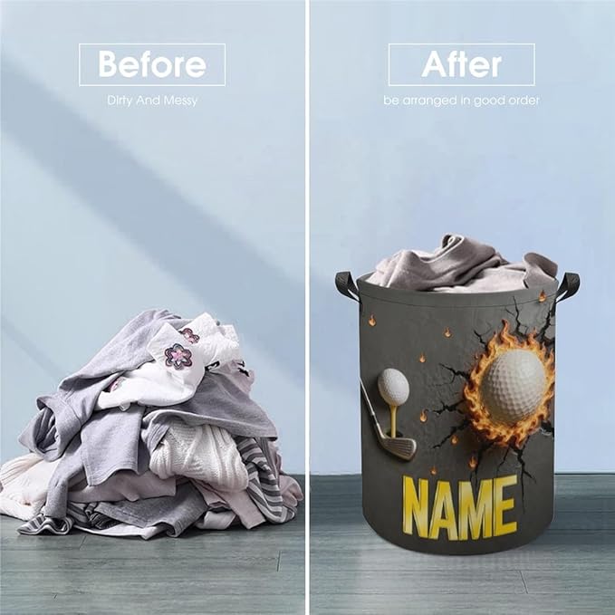 Personalized Golf Ball Laundry Hamper Custom Name Funny Dirty Clothes Laundry Basket Portable Storage Basket For Home Bathroom Family Golf Lovers Xmas Birthday (style 11)
