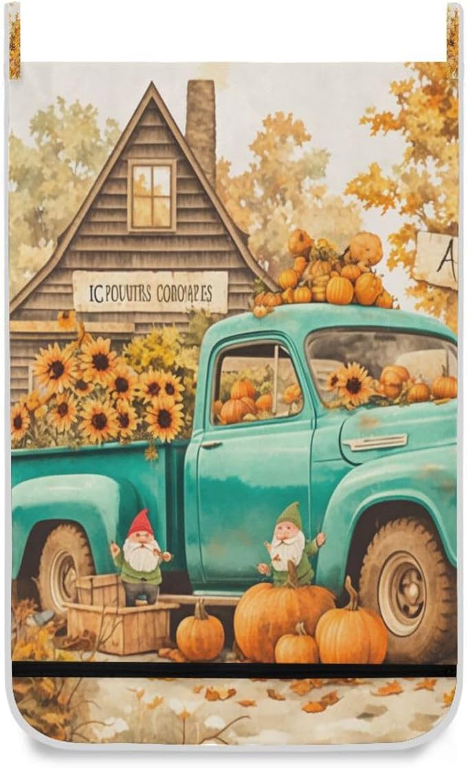 Thanksgiving Truck Pumpkin Orange Hanging Laundry Hamper Door Hampers Bag Basket with Stainless Steel Hooks Oxford Fabric Printing Decorative Clothes Bags 29.5X20inch 1Pack