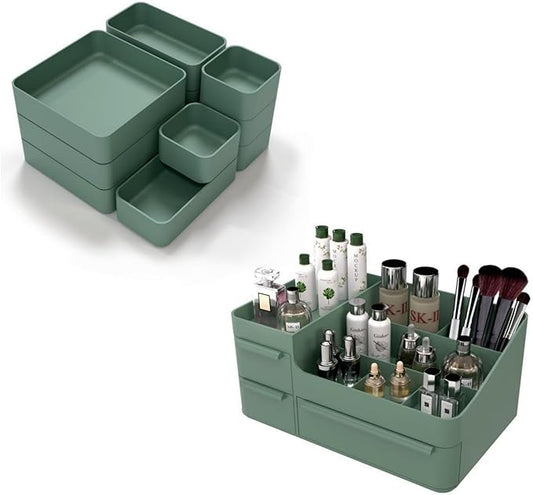 CHANCETSUI Makeup Organizer Stackable Drawer Organizer Set, Bathroom Desk and Vanity Countertop Organizer Trays Cosmetics Display for Brushes, Lotions, Perfumes, Lipstick and Nail Polish, Green