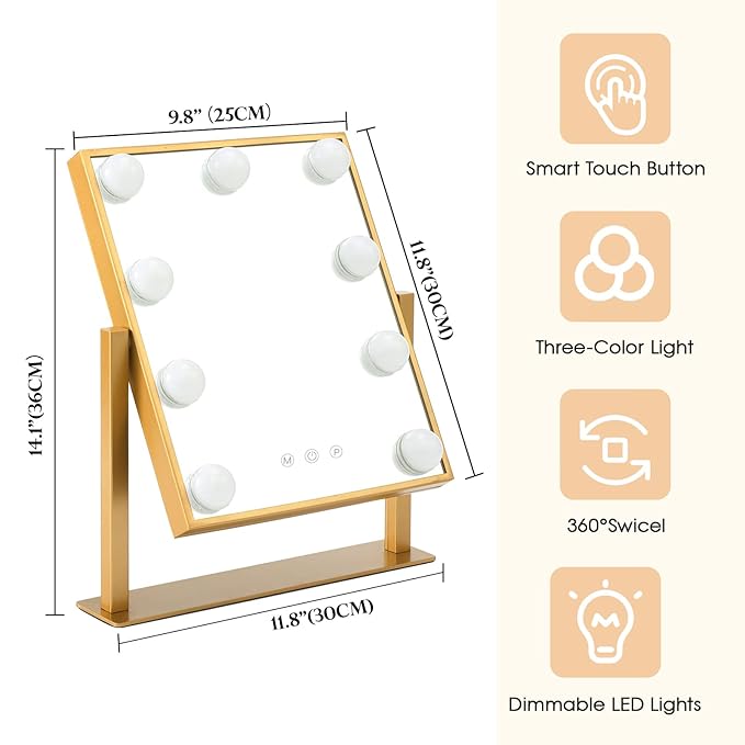 BWLLNI Vanity Mirror with Lights, Hollywood Mirror Lighted Makeup Mirror with 9 LED Bulbs, Touch Control Design 3 Colors Dimmable Bulbs Detachable 10X Magnification 360°Rotation(Gold)