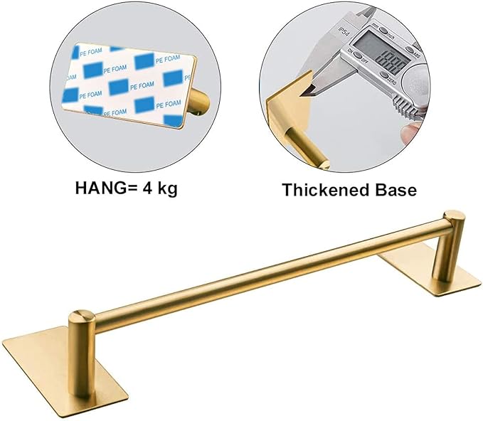 NearMoon Self Adhesive Bathroom Towel Bar- Stainless Steel Bath Wall Shelf Rack Hanging Towel Stick On Sticky Hanger Contemporary Style, NO Drilling (1 Pack, Brushed Gold, 12-Inch Towel Rack)