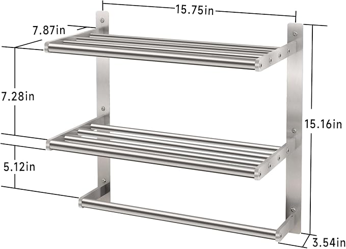 BETHOM Towel Shelf for Bathroom Wall Mounted, 3-Tier Hotel Style Towel Rack with Towel Bars, Brushed Nickel Towel Racks for Bathroom Lavatory, 16 Inch