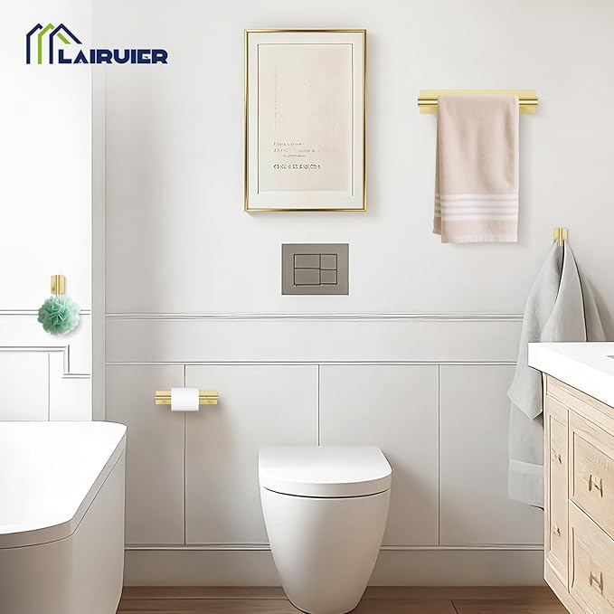Lairuier 4-Piece Bathroom Hardware Set, Brushed Gold Towel Holder Set Include Adhesive or Screw Towel Bar, Toilet Paper Holder and 2 Towel Hooks, Stainless Steel Wall Mounted Bathroom Accessories