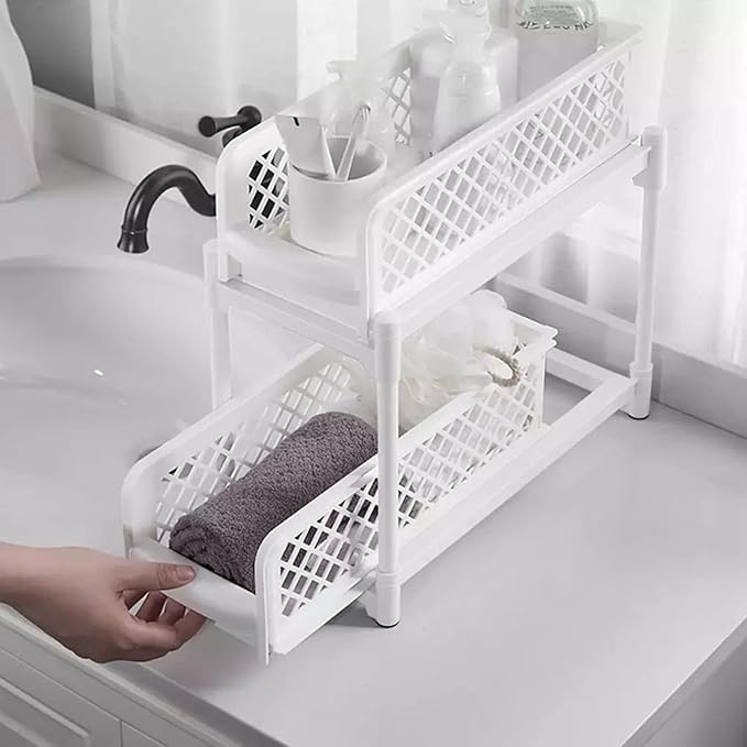 2 Layer Bathroom Sliding Basket Storage Cabinet, Bathroom Shelf with Pull Out Drawers, White Space Storage Rack for Supplies, to Inl No Dril Needed