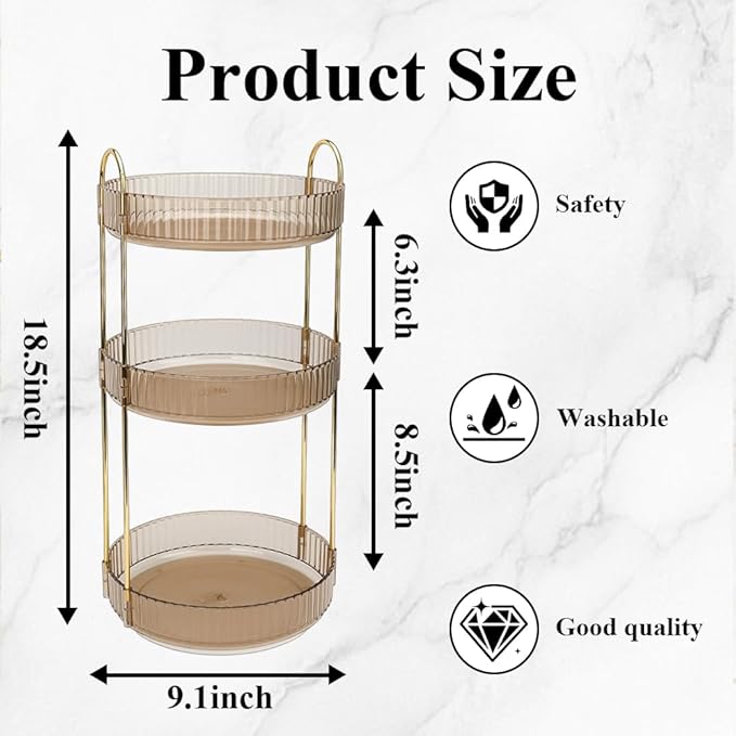 AKAZA 360 Rotating Makeup Organizer, 3-Tier Lazy Susan Turntable - Spinning Holder for Bathroom, Vanity, Skincare, Perfume, Spice, Toiletries, Acrylic Countertop Storage for Home (YELLOW)
