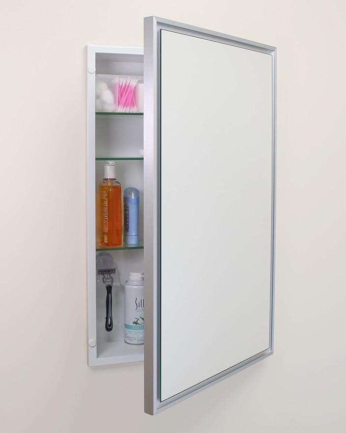 Fox Hollow Furnishings 16x26 Parker Metro Metal Framed Rectangle Recessed Bathroom Medicine Cabinet, Floating Mirror, 14x24 in-Wall Opening, Adjustable Glass Shelves, Magnet Close, Brushed Nickel