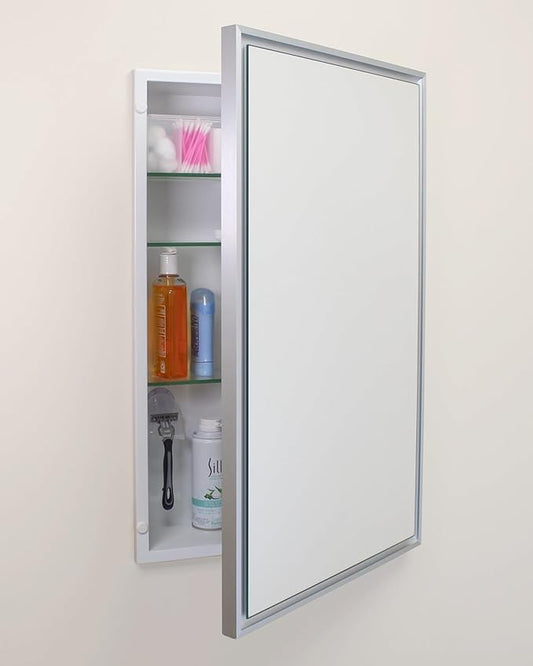 Fox Hollow Furnishings 16x26 Parker Metro Metal Framed Rectangle Recessed Bathroom Medicine Cabinet, Floating Mirror, 14x24 in-Wall Opening, Adjustable Glass Shelves, Magnet Close, Brushed Nickel