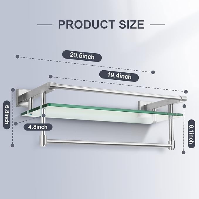 2 Pack Glass Shelf Bathroom Shelves for Bathroom 21inch Rectangular Holder Brackets Stainless Steel Tempered Glass Modern Toilet Storage Stand Mount Accessories Brushed Nickel