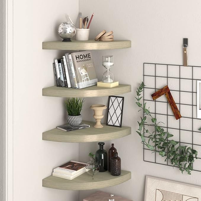 Floating Corner Shelves Set of 4 Oak Wall Mounted 13.8x13.8x1.5 Inch Honeycomb MDF with Metal Frame for Bathroom Living Room Bedroom Storage Display