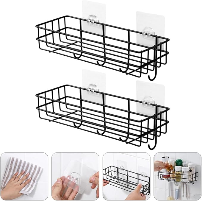 Gadpiparty Wall-Mounted Iron Storage Rack with Hooks Punch-Free 2pcs Organizer Storage Shelf for Bathroom and Kitchen Black Metal Sundries Holder