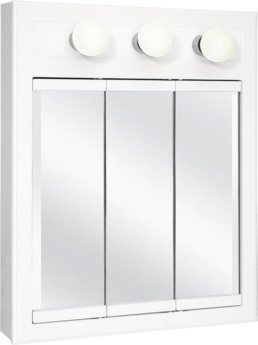 Design House Concord Medicine Cabinet, 3 Mirrored Doors, Pre-Assembled, 2 Fixed Shelves, Wall Mount, 3 Vanity Lights, White Frame Wall Cabinet, 24 in W x 5 in D x 30 in H, 532374-WHT