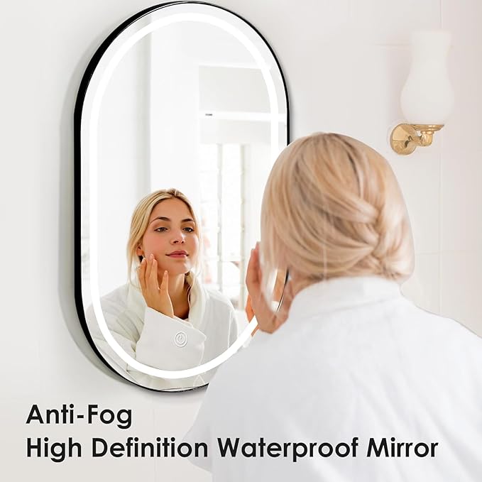 SogesHome Wall Mounted Mirror Medicine Cabinet 33"X20" with LED Lights, Oval Vanity Mirror Storage with Shelves, Modern Decro Recessed Mirror Medicine Cabinet for Bathroom, Bedroom, Black